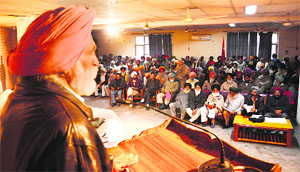 A farmer leader addresses a convention at the Punjabi Bhawan in Ludhiana on Thursday.  