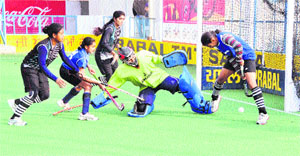 A hockey match in progress during the Jarkhar Sports Festival, which concluded at Karkhar village in Ludhiana on Thursday.