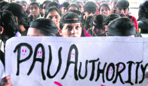 Students protest against the the PAU authorities in Ludhiana on Thursday. 