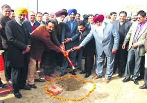 City Mayor Harcharan Singh Gohalwaria (third from left) performs the stone-laying ceremony at the site of an effluent treatment plant in Ludhiana on Thursday.
