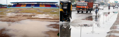 (Left) Puddles in the sports stadium where the rehearsals for the Republic Day parade are being held; vehicles make their way through a city road after the rains. 