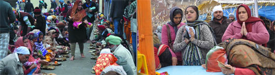 (Left) Devotees partake of langar on the birth anniversary of Guru Gobind Singh Ji at Qila Mubarak Gurdwara Sahib in Bathinda on Friday; devotees pay obeisance at Nishan Sahib at the gurdwara. 