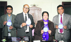 Dr BB Sharma and Dr Rekha Kalia Bhardwaj, principals of DAV College and HMV, respectively, announce the observing of Jal Chetna Divas under the Boond Project at DAV College in Jalandhar on Friday.