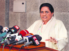 BSP supremo Mayawati addresses a press conference in New Delhi on Friday.