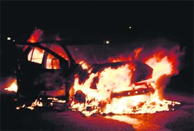 The car on fire near the Bhandari Bridge in Amritsar on Saturday