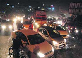 Ongoing repair work leads to a massive traffic jam at Bhandari Bridge in Amritsar on Saturday