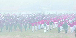 Cold weather notwithstanding, school students practise for their event to be performed during the Republic Day function at the Multi-purpose Sports Stadium in Bathinda on Saturday morning