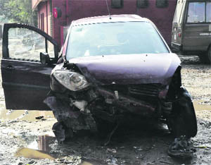 The car that rammed into a roundabout at the Sector 26 police station in Chandigarh on Saturday. 