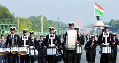 Bands of the Indian military rehearse for the Beating Retreat ceremony in New Delhi on Saturday.