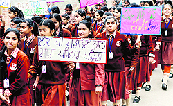 Students of St Soldier Divine Public School, Mann Nagar, take out a rally to make public aware of social issues and responsibilities in Jalandhar