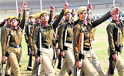 A women contingent of the Punjab Police rehearses for the Republic Day parade at Guru Gobind Singh Stadium in Jalandhar on Saturday