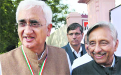 Senior Congress leader Salman Khurshid along with party leader Mani Shankar Aiyar interacts with the media after a session at the party's Chintan Shivir in Jaipur on Saturday.  PTI