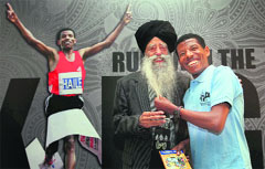 Legendary long distance runner Haile Gebrselassie with veteran marathon runner Fauja Singh on the eve of the Mumbai Marathon on Saturday.  PTI
