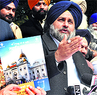 SAD president Sukhbir Badal releases the party's manifesto for the DSGMC elections in Delhi on Saturday