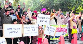 Unemployed linemen along with their families stage a protest in Amritsar on Sunday