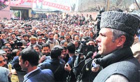 Chief Minister Omar Abdullah addresses party workers in Srinagar on Sunday.