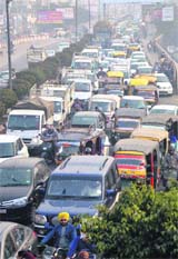 A heavy flow of traffic on Jagraon Bridge in Ludhiana on Sunday.