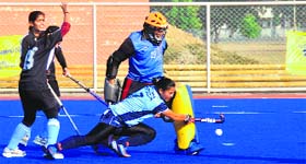 Players in action during the 16th Mohinder Partap Singh Grewal Memorial Hockey Tournament at the Olympian Prithipal Singh AstroTurf Stadium, Punjab Agricultural University, in Ludhiana on Monday.