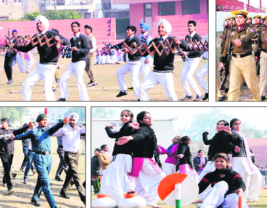 Punjab policewomen, NCC cadets, schoolchildren rehearse ahead of Republic Day function at Guru Nanak Stadium in Amritsar on Monday.  