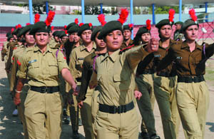 NCC cadets perfecting their steps during a rehearsal for a march past to be held during the Republic Day function, at the Multi-purpose Sports Stadium in Bathinda on Monday. 