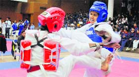 Players in action during the All-India Inter-University Tae kwon do Championship at the Gymnasium Hall, Panjab University on Monday.