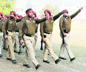 Punjab policemen rehearse for the Republic Day parade at the Guru Nanak Stadium in Amritsar on Monday. 