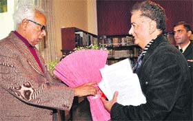 Governor NN Vohra with vice-chancellor of the Sher-e-Kashmir University of Agricultural Sciences and Technology Prof Dilip K Arora in Jammu on Monday