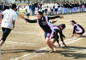 Players during the inter-college kho-kho final match at Government College for Women, Gandhi Nagar in Jammu on Monday.