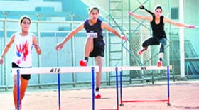 A hurdle race in progress during the 58th Punjab State Schools Athletics Meet in Ludhiana on Monday