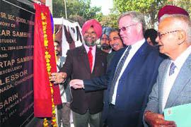Consul General of Canada Scott Slessor and former Advocate-General of Punjab ML Sarin inaugurate the library at the Government Girls School in Faridkot on Monday. 