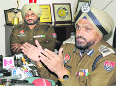 NS Dhillon, IGP, addresses a press conference in Bathinda on Monday. 