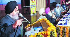 Punjabi University Vice-Chancellor Dr Jaspal Singh speaks during a seminar at PMN College, Rajpura, on Monday