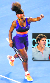 Serena Williams thrashed Maria Kirilenko to enter the quarterfinals, and later Roger Federer (inset) also reached that stage in the mens singles with a strong win over Milos Raonic.
