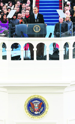 US President Barack Obama speaks at his swearing-in ceremony in Washington on Monday. 