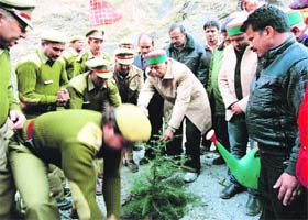 Himachal Pradesh Forest Minister TS Bharmouri plants a deodar sapling at the muck-dumping site of Chamera-III project
