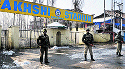 CRPF personnel in front of the Bakshi Stadium in Srinagar on Tuesday