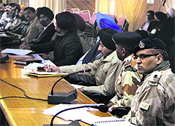 Officials of the Punjab Police, ITBP, CRPF, Army, fire brigade, revenue and other departments attend a workshop on disaster management at the district administrative complex in Jalandhar on Tuesday