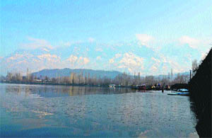 A view of the partially frozen Dal Lake in Srinagar on Tuesday.