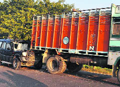 The Scorpio that collided with the truck at Kila Raipur on Monday night. 