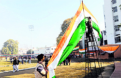 Workers make arrangements at Guru Nanak Stadium which is the venue for the Republic Day function