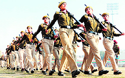 Policewomen during rehearsal for the parade in Amritsar on Wednesday