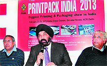 KS Khurana, president of the Indian Printing Packaging and Allied Machinery Manufactures Association, addresses mediapersons in Amritsar on Wednesday