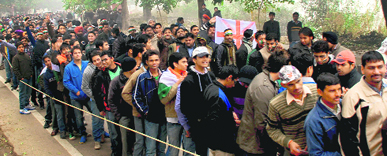 Long queues of cricket fans at the PCA Stadium in Mohali on Wednesday.