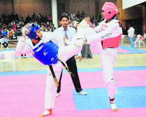 Players in action during the All-India Tae Kwon Do Championship at Panjab University in Chandigarh on Wednesday.