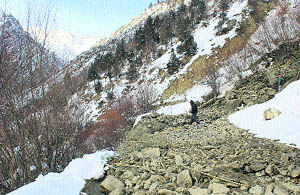Boulders and debris caused by water discharge from the Thirot project waterways in Lahaul-Spiti district. 