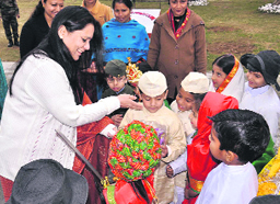 Ashwani Kumar, Chairperson, Family Welfare Organisation, Tiger Division, interacts with school students at Tiger Army Pre-Primary School, BD Bari, in Samba district on Wednesday. 