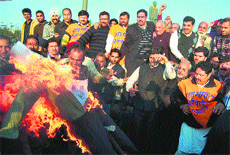 BJP workers burn the efigy of Home Minister Sushil Kumar Shinde to protest against his remark on Hindu terror, in Amritsar on Thursday.