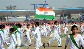 Schoolchildren perform during the dress rehearsal for the Republic Day parade in Bathinda on Thursday.