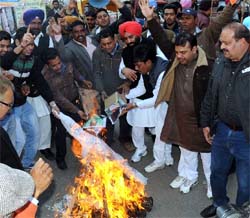 BJP workers burn an effigy of the UPA Government in Bathinda on Thursday.