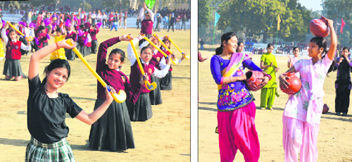Students rehearse ahead of Republic Day at the Government College for Women in Ludhiana on Thursday.